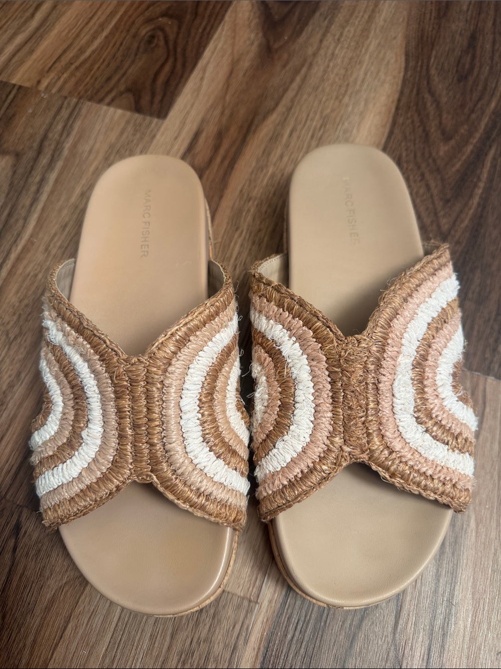Marc Fisher Woven Slide Sandals in Tan & Cream